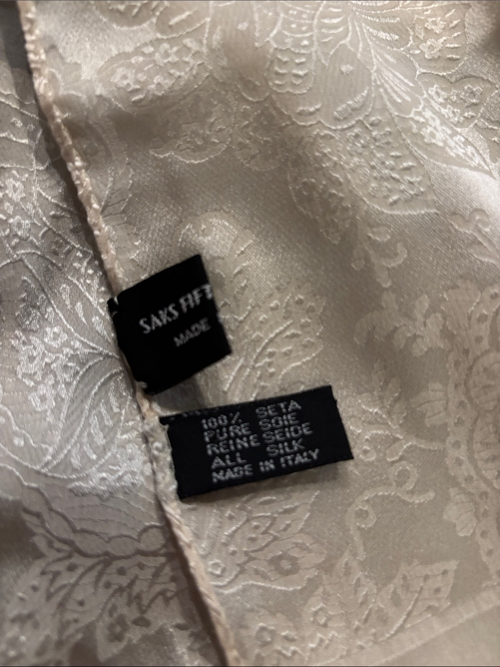 Vintage Italian Saks Fifth Avenue Cream Paisley Jacquard Silk Scarf 60” x 16” - Picture 2 of 3